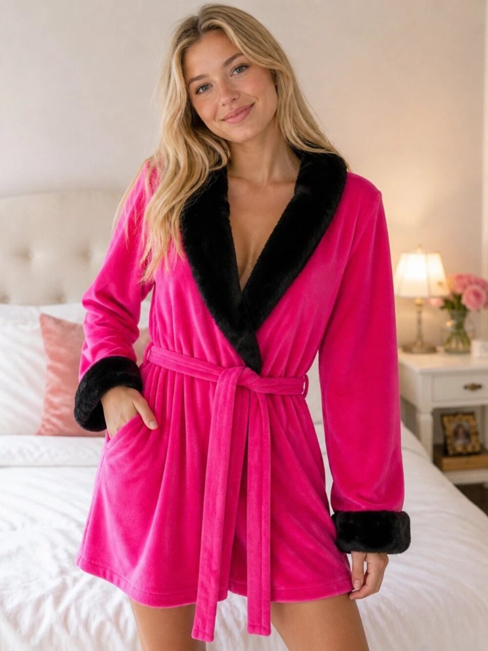 Betsey Johnson Intimates Hot Pink Velour Faux Fur Trim Wrap Robe-Size Large NWT